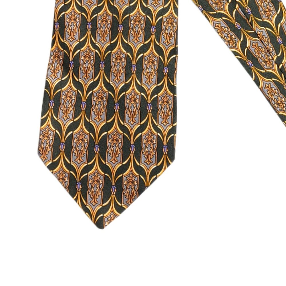 Domani Uomo Silk Tie Men’s 57” Navy Blue Gold Geometric Art Deco Retro Wide New